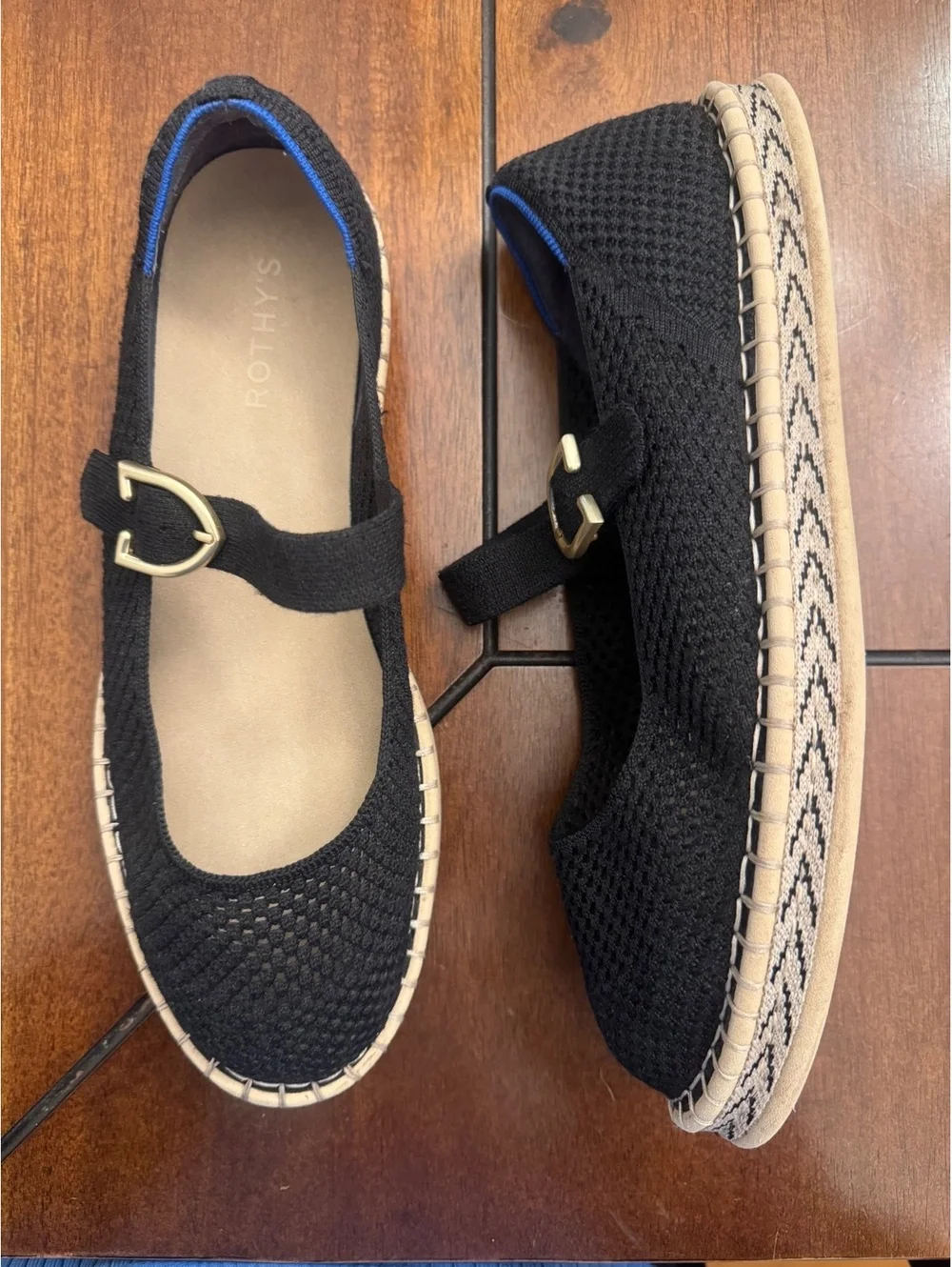 Rothy's Black Knit Espadrille Mary Jane Flats Size 12 Gold Buckle Sustainable